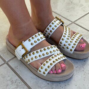 New Michael Kors Ansel Optic White Leather/ Nail Studs Slide Sandal Size 9.5M